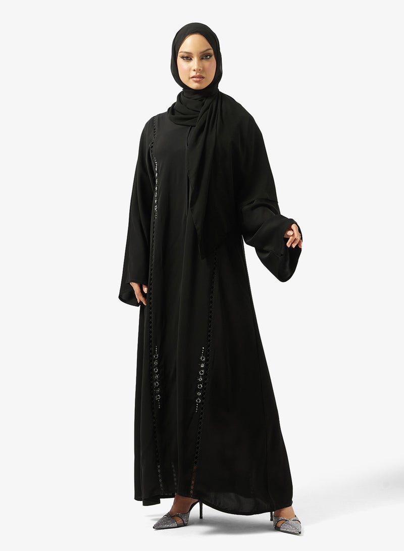 hayas closet Black Lace Detail Abaya With Sheila - Image 1